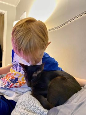 Boy kissing black Oriental Shorthair kitten adopted in Cataristocrat Cattery