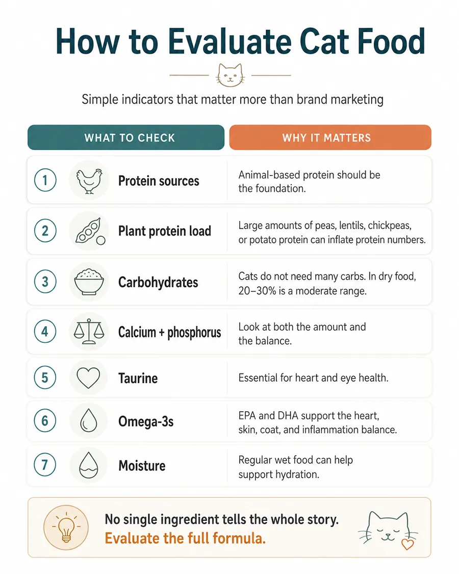 Minimalist infographic showing key factors to evaluate cat food, including protein sources, carbohydrates, minerals, taurine, omega-3s, and moisture.