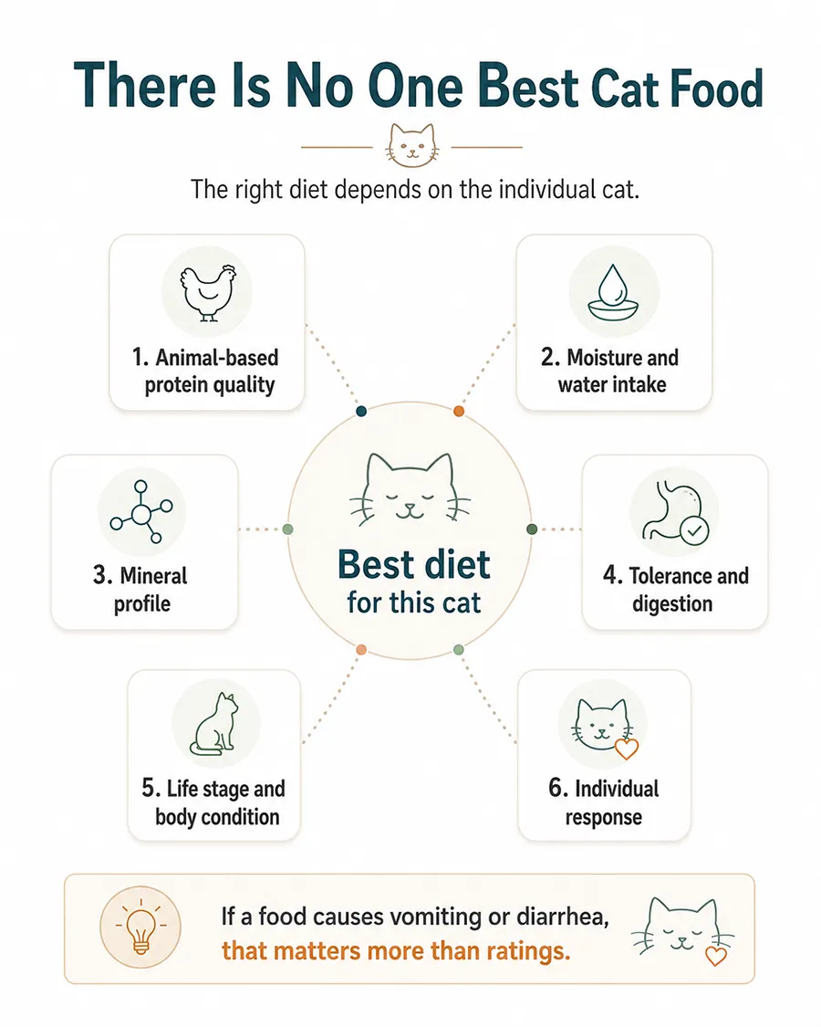 Minimalist infographic showing that the best cat food depends on the individual cat, including protein quality, moisture, minerals, digestion, life stage, and body condition.