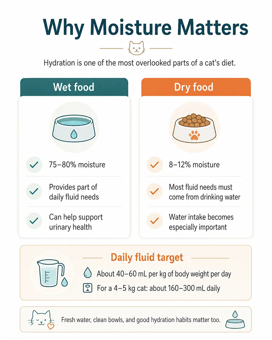 Minimalist infographic comparing moisture levels in wet cat food and dry cat food, with daily fluid intake guidance for cats.